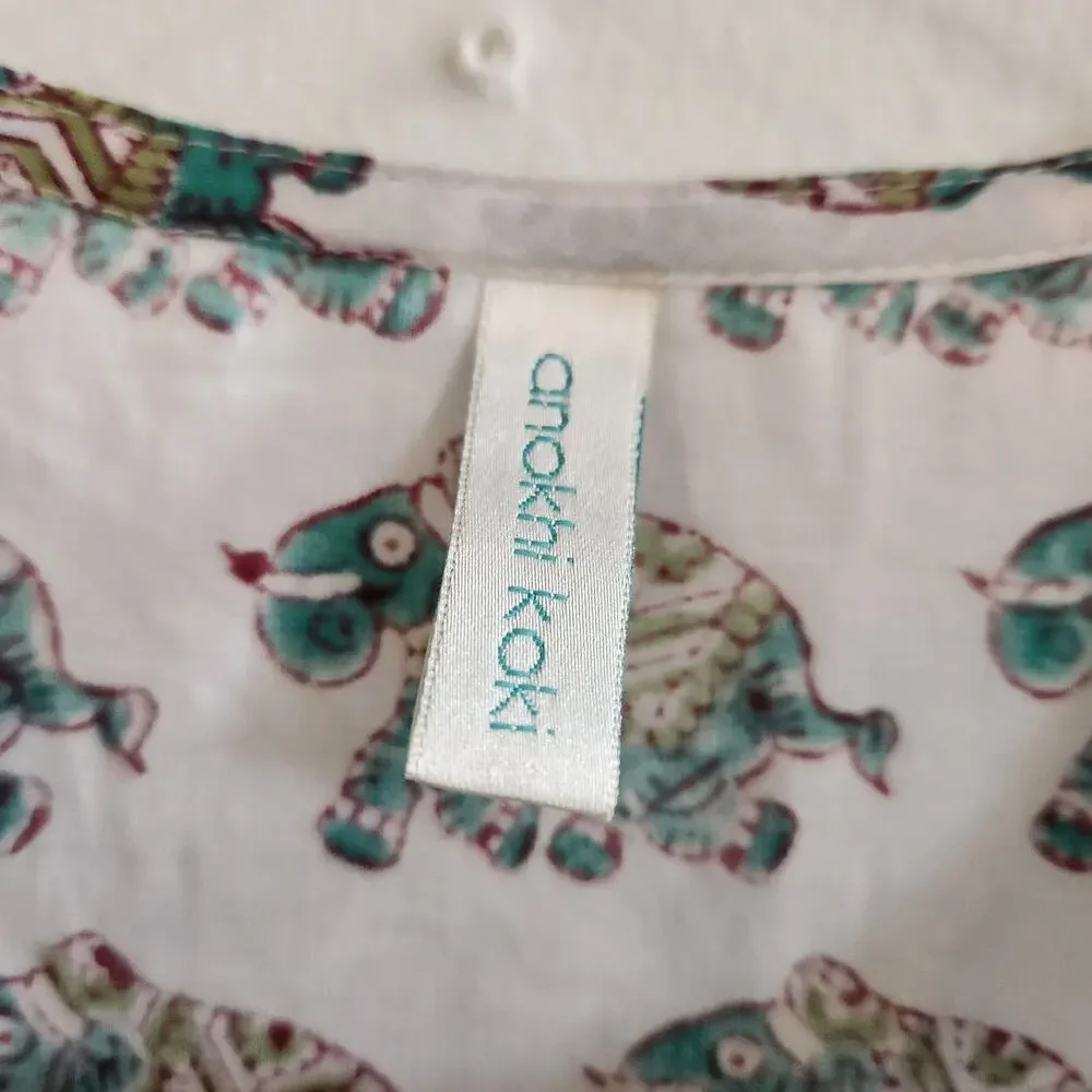 Anokhi Koki Kids Sz 8-9 Cotton Kurta Green Elephant All-Over Hand-Block Print